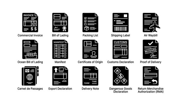 Shipping and customs documents icons for export and import