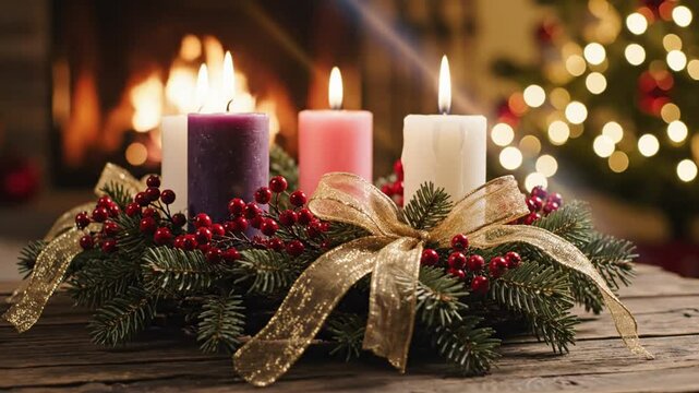 Advent wreath with three lit candles and gold bow with a fireplace and Christmas tree in the background