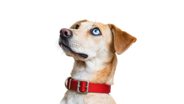 Tan mixed breed dog looking upwards with red collar