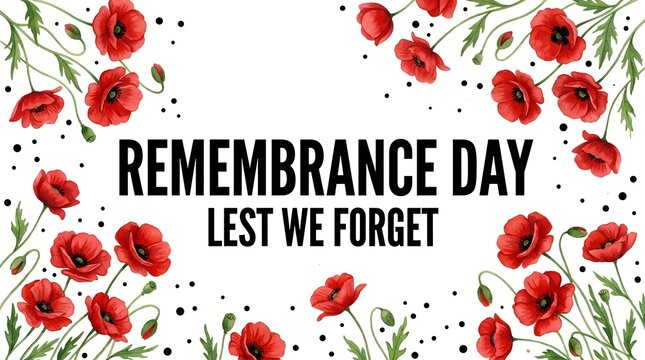 Remembrance day floral border with poppies and text lest we forget