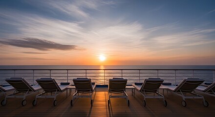 Obraz premium Sunrise colors painting sky over yacht boat with white chairs waiting quietly on deck
