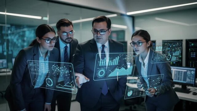 Team of professionals collaborating on futuristic transparent digital interfaces in modern business environment