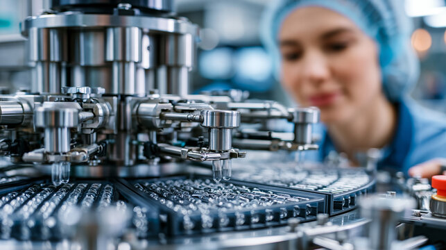 Automated capsule-filling carousel in a pharmaceutical production hall, stainless steel arms placing gelatin capsules into trays, technician in hairnet observing, perfect for drug manufacturing, pha