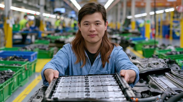 Automotive disassembly technician extracting a battery module from a hybrid vehicle floor pan, organized parts bins surrounding them, clean facility with yellow floor markings, ideal for EV recyclin