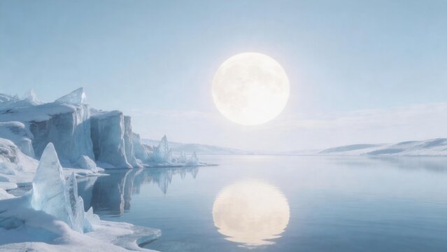 Arctic landscape with icebergs and moon