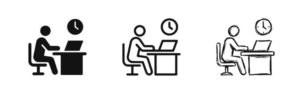 Office worker productivity icons showing person at desk with laptop and clock in flat line and sketch styles