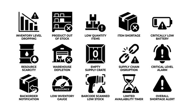Inventory shortage and supply risk icons showing alerts and warnings