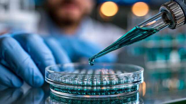 CRISPR gene-editing close-up of micropipette tip hovering over a microwell plate, researcher gloved hands blurred in background, vivid teal liquid about to be dispensed, dramatic macro depth of fiel