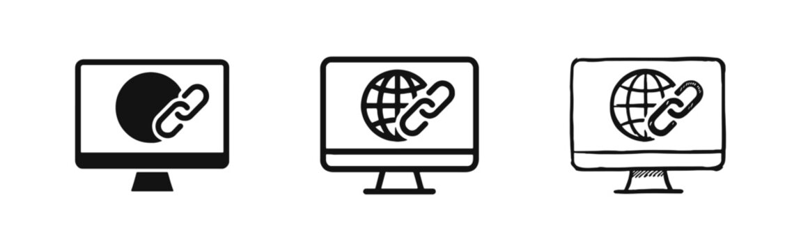 Global network link icons on computer monitor for SEO and connectivity in flat line and sketch styles