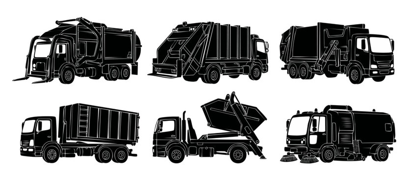 Garbage Truck Set Collection Vector Silhouettes, Waste Management Vehicles, Trash Collection Equipment, Street Sweeper and Roll-off Container Truck Icons for Urban Infrastructure and City Sanitation D