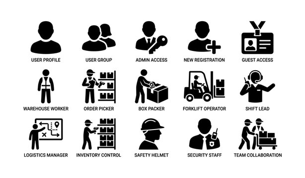 User profile and warehouse staff icons on white background