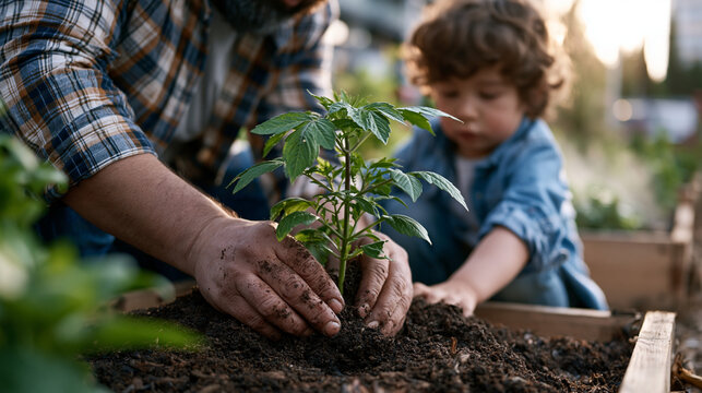 Father and young child plant a sapling together at sunrise in a community garden, dirt-streaked hands pressing soil around roots, morning mist rising over raised garden beds, perfect for Fathers Day
