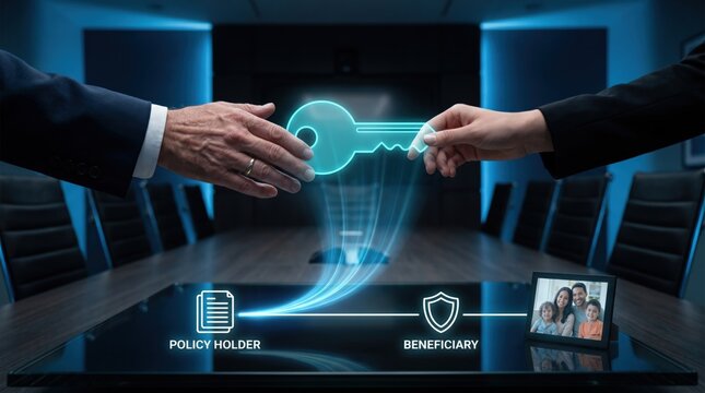 Generational Wealth Transfer and Life Insurance Concept: Older and Younger Hands Touching Holographic Key with Policy Holder to Beneficiary Data Transfer