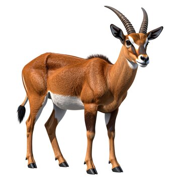 3d cartoon saola with slender horns, brown body and white markings on face. 