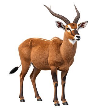 3d cartoon saola with slender horns, brown body and white markings on face. 
