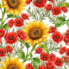 Obraz premium Sunfkiwer and poppy with green leaves vector seamless pattern. Lush, floral composition in classic watercolor style, combining the warmth of sunflowers with the delicate vibrancy of poppies.