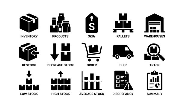 Inventory and warehouse icons for stock management grid