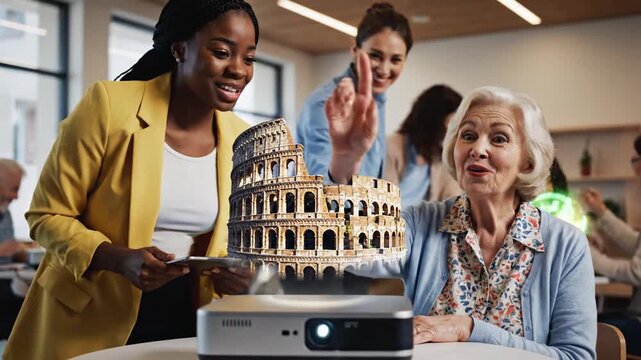 Diverse women watch holographic Colosseum projected in modern office