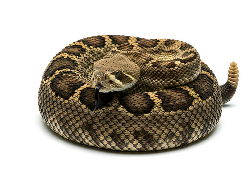 Coiled rattlesnake with tongue out and rattle visible isolated on white background
