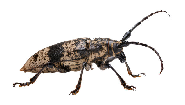 Spotted longhorn beetle with dark brown body and long antennae