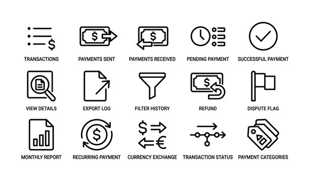 Finance icons showing payment and transaction controls on white