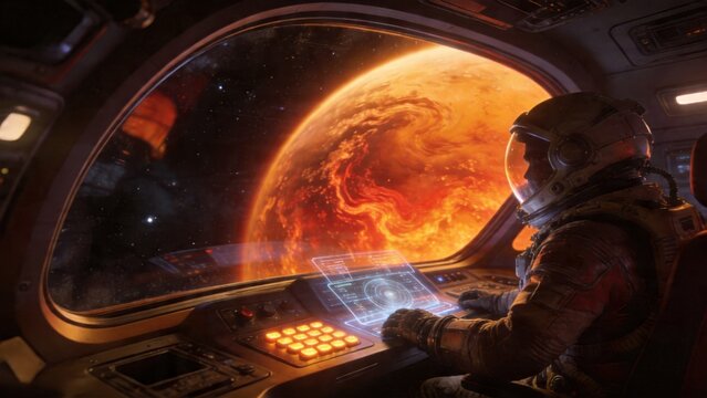 Astronaut in spaceship observing a fiery planet