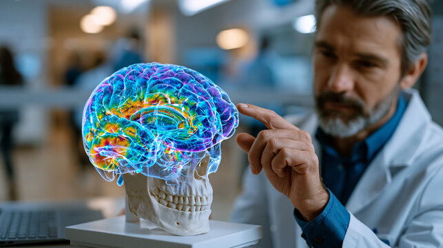 Neuroscientist overlays translucent brain-mapping hologram onto skull model, color-gradient regions marking neural activity zones, busy hospital corridor visible through glass partition behind, perf