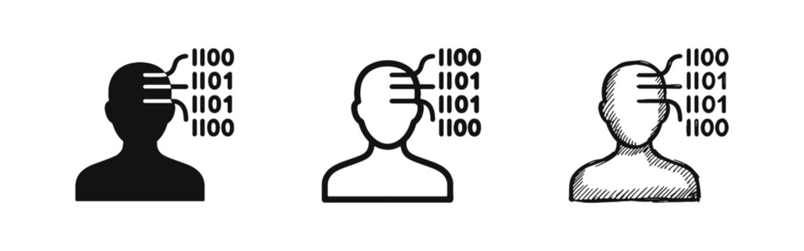 Human head with binary code data icon set - artificial intelligence and programming concept