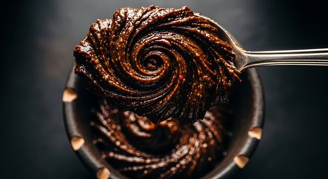 A close up view of dark chocolate ice cream with swirl of gold and purple dessert topping in a bowl. marmite