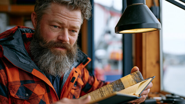 Oceanographer examines sediment core sample extracted from seabed, pale layered cylinder held horizontally under magnifying lamp, field notebook recording stratum depths, coastal research station ex
