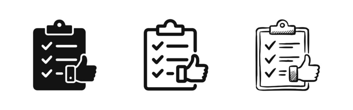 Clipboard with checkmarks and thumbs up icon set - survey and satisfaction concept