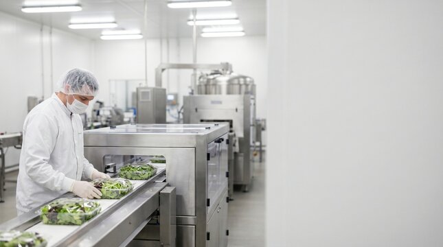 Food production worker in protective gear operates packaging machinery for bagged salads on a conveyor belt