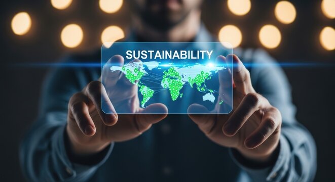 Businessman holding digital holographic world map with sustainability text, for global environmental protection corporate social responsibility for greener future planet