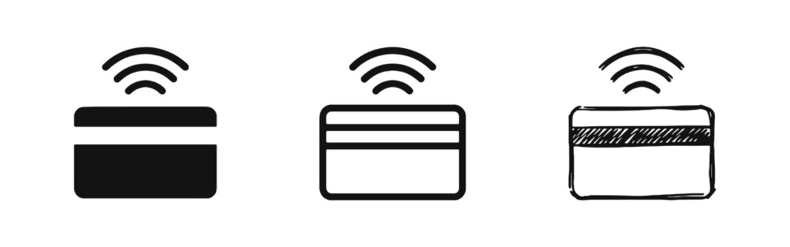 Credit card with wireless signal icon set - contactless payment and banking symbol