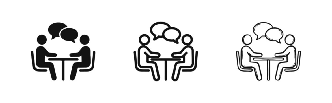 Two people talking at table icon set - meeting, interview and collaboration concept