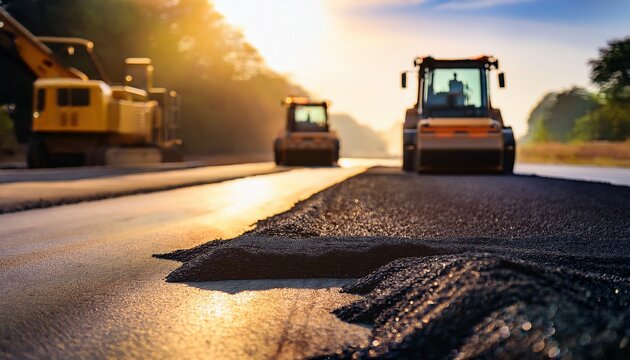 freshly laid asphalt with visible tar glistening in the sunlight during road construction with heavy machinery working in the blurred background