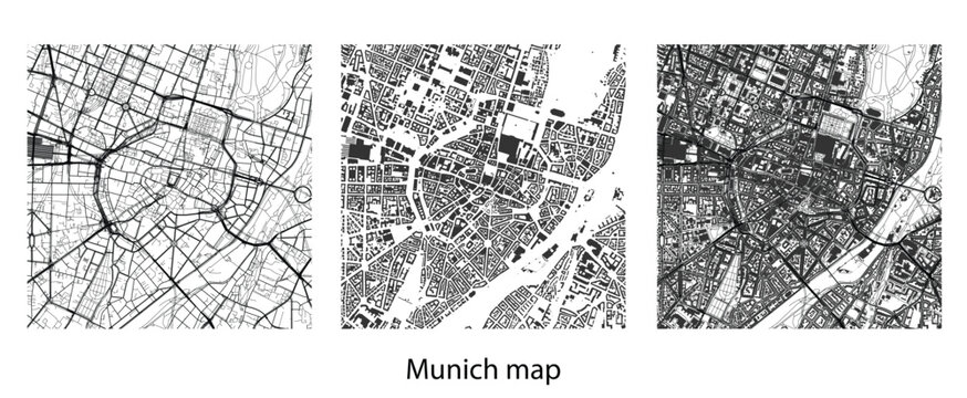 Munich City Map Vector Set, Detailed Germany Urban Plan with Streets and Buildings, Black and White Minimalist Cartography for Design and Navigation