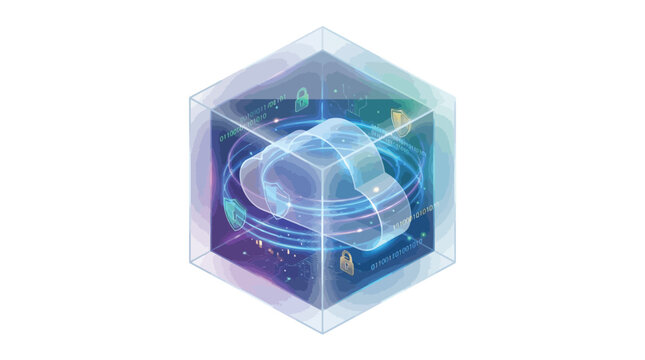 Glowing digital cloud data storage icon contained inside a transparent cube for modern secure computing concepts