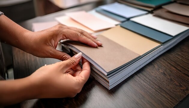 closeup of hands selecting paper samples to determine the best saddle stitch binding method for a professional brochure assembly