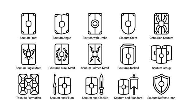 Scutum icons showing shield variations and motifs on white background