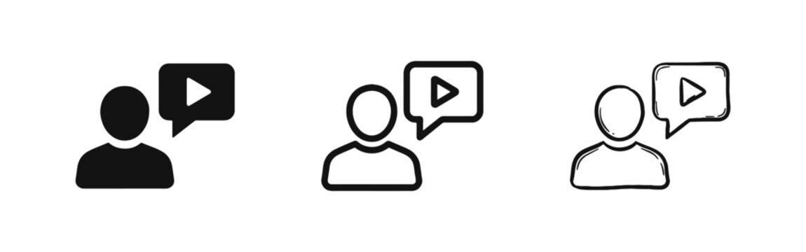 Video content creator icons set, person with play button speech bubble symbol, social media influencer concept