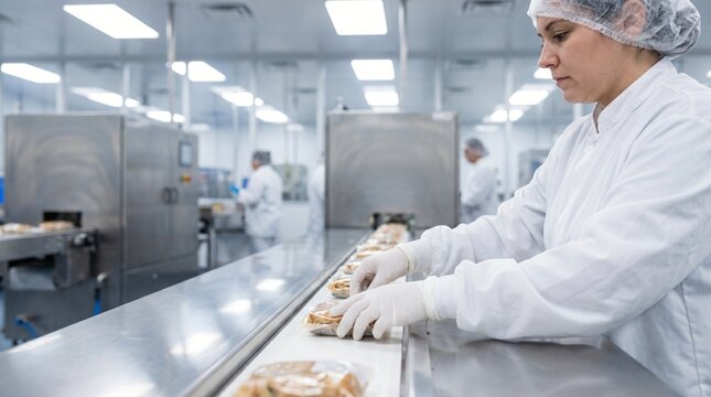 Woman wearing protective clothing handling packaged food items on a conveyor belt in a factory