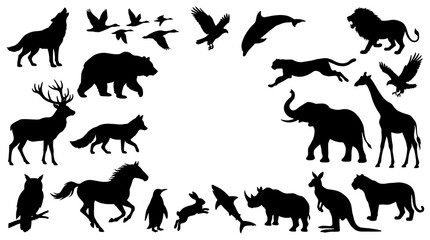 Obraz premium Silhouettes of various animals including five birds in flight depicted.