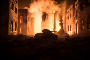 Naklejka premium War Concept. Military silhouettes fighting scene on war fog sky background, World War Soldiers Silhouette Below Cloudy Skyline At night. Battle in ruined city.