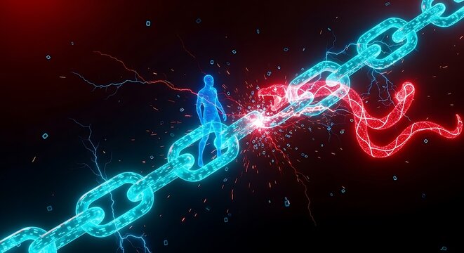Digital chain links under attack by a glowing red virus snake with a human silhouette standing on the network. Perfect for information security and network defense marketing.