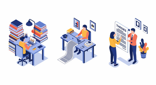 A student do work or study of book and thesis on a desk for a degree