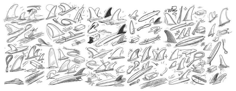 Surfing Equipment Sketches Featuring Surfboard Fins Leashes and Board Shapes in Hand Drawn Style