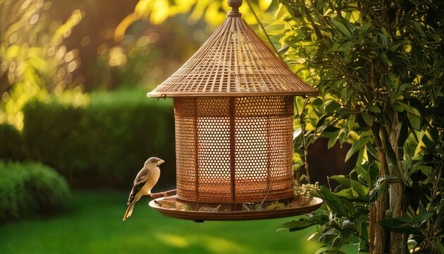 Bird at a bird feeder in a lush garden setting.