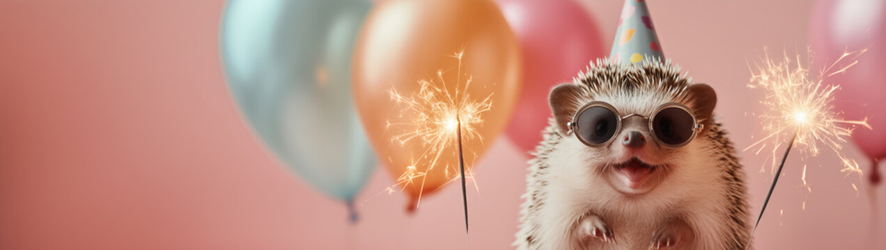 Funny hedgehog wearing colorful sunglasses holding happy birthday balloons and burning sparklers greeting card on pink background with copy space.