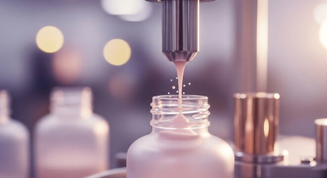 Automated liquid filling process in manufacturing with pink cosmetic liquid being dispensed into glass bottles